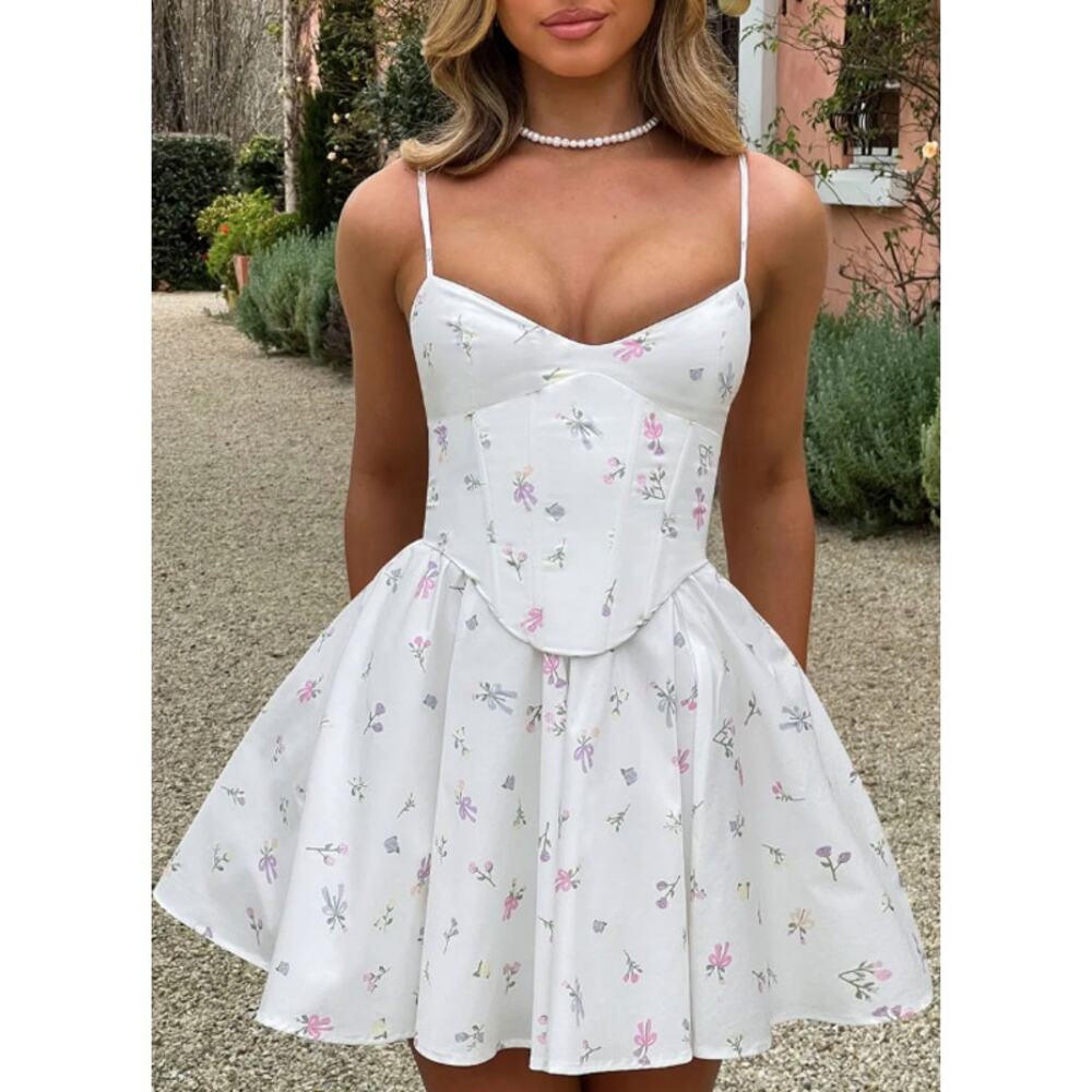White Floral Corset Mini Dress